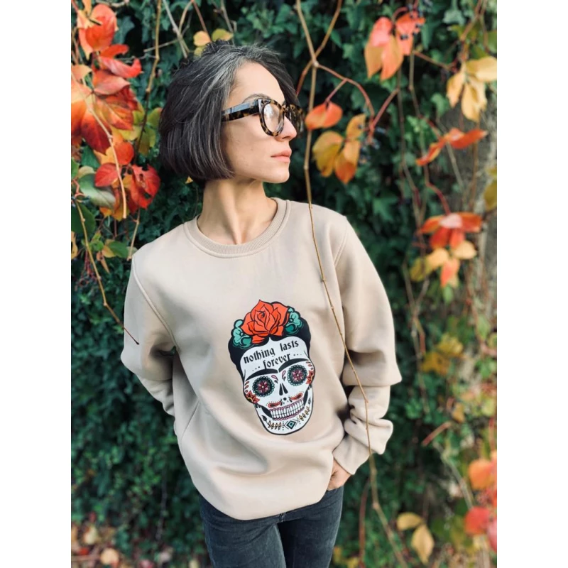 Unisex Sweatshirt Bisiklet Yaka Frida Bej